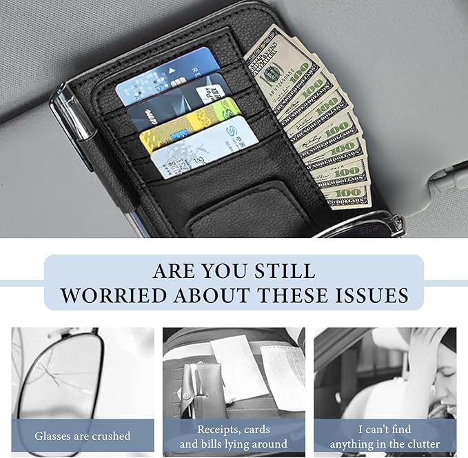 Small Leather Car Sun Visor Organizer, Auto Visor Pouch Card Sleeve Pocket with Sunglasses Clip, Multifunctional Sunvisor Wallet Holder for Driving License Pen Tickets (Black)