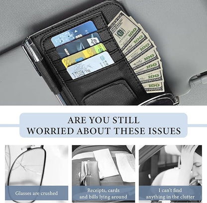 Small Leather Car Sun Visor Organizer, Auto Visor Pouch Card Sleeve Pocket with Sunglasses Clip, Multifunctional Sunvisor Wallet Holder for Driving License Pen Tickets (Black)