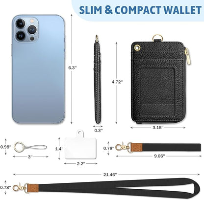 Piefly Black Lanyard Wallet with ID Badge Holder, Business Small RFID Wallet Women Keychain Wristlet, Slim Credit Card Holder with Zipper Pocket Phone Lanyard Wrist Strap Name Tag Office Teacher Gift