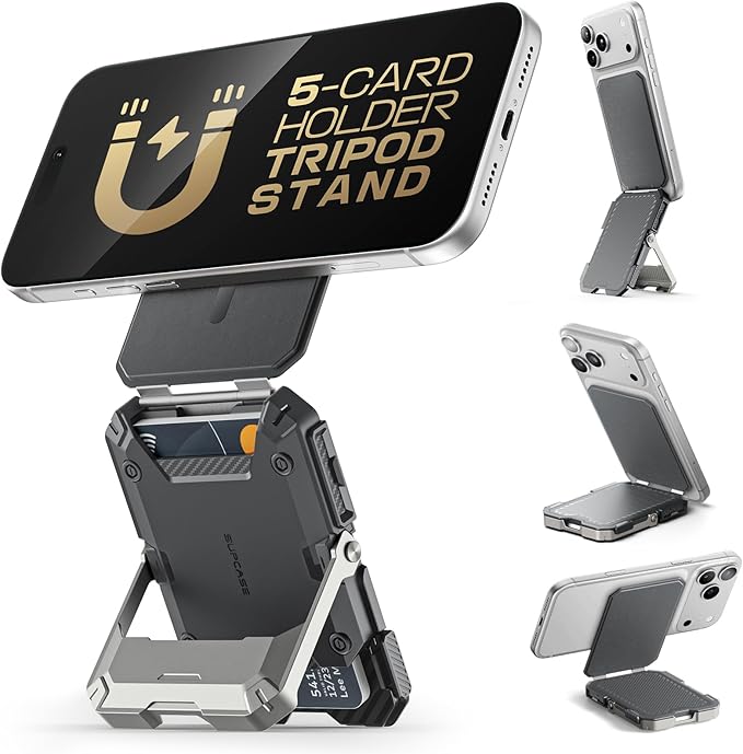 SUPCASE for MagSafe Wallet with Stand, Magnetic Wallet for Men, [Hold 5 Cards] [Adjustable Stand] [RFID Blocking] Phone Stand Credit Card Holder Tripod for iPhone 17/16/15/14/13/12 Series, Silver
