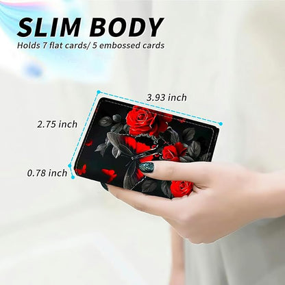 Minimalist Wallet for Men's Card Holders, Pop-Up Card Case Durable Wallets for Women, Leather Automatic Credit Card Holder with Metal Money Clip RFID Blocking Bifold Pocket, Red Rose Butterfly