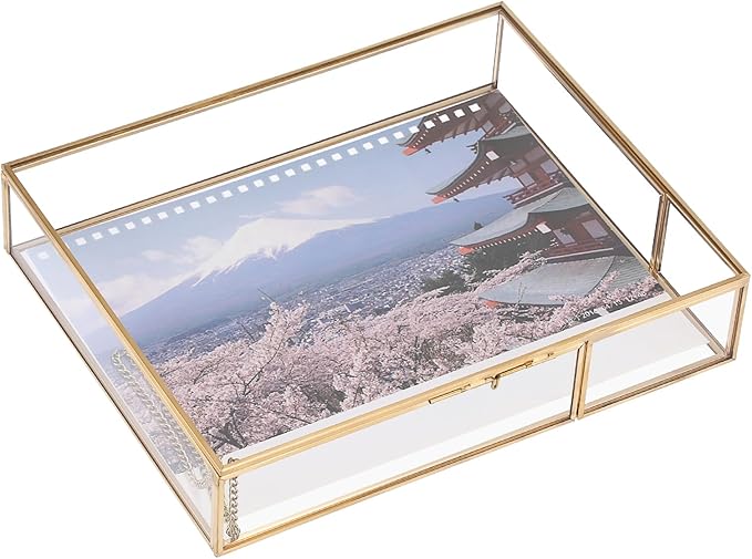 Hipiwe Gold Glass Photo Box - Large Vintage Photo Storage Organizer Box Trinket Jewelry Display Organizer Keepsake Boxes Case Home Decor