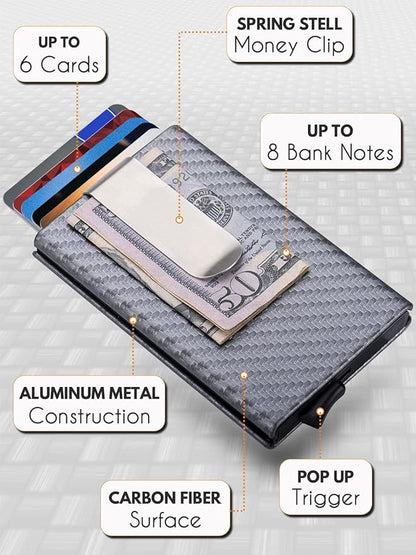 Pop Up Stealth Wallet for Men&Women - RFID Blocking Card Wallet with Money Clip - Minimalist Leather Wrapped Card Holder - Front Pocket Slim Wallet for 6 Credit Cards - Silver Wallet Gifts for Him