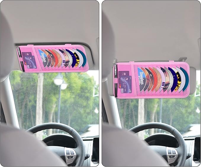 Car CD Case Holder, Wisdompro Vehicle Sun Visor Organizer for Cars with 12 DVD Storage Sleeves, 1 Mesh Pocket, 1 Pen Holder and Elastic Strap, Pink