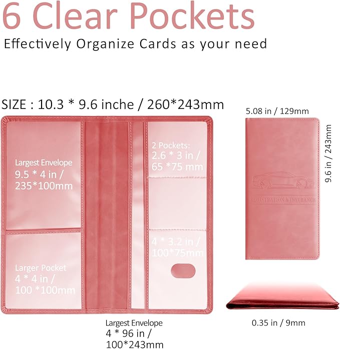 Car Accessories Registration and Insurance Holder,Leather Essential Card Magnetic Shut Vehicle Glove Box Organizer Case for Auto Driver License Document Truck Motorcycle Boat-Pink