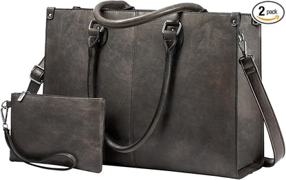 LOVEVOOK Laptop Tote Bag for Women, 15.6 Inch Large Capacity Vintage Leather Work Computer Bag, Business Casual Shoulder Handbag, Black Coffee