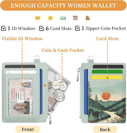 Hancynir Slim Wallet Women Credit Card Holder, Mountain Tree Sunset RFID Blocking Front Pocket Wallet Wristlet Keychain Lanyard Small Cute Thin Travel Zipper Coin PU Leather Card Case Organizer Gifts