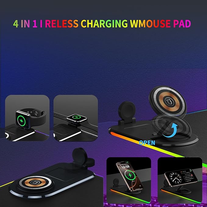 15W Wireless Charging Mouse Pad - Large RGB Gaming Desk Mat (31.4"x12"), Waterproof Leather Mousepad with Phone Holder, Includes PD Adapter & USB-C Cable - for Office & Home, Black