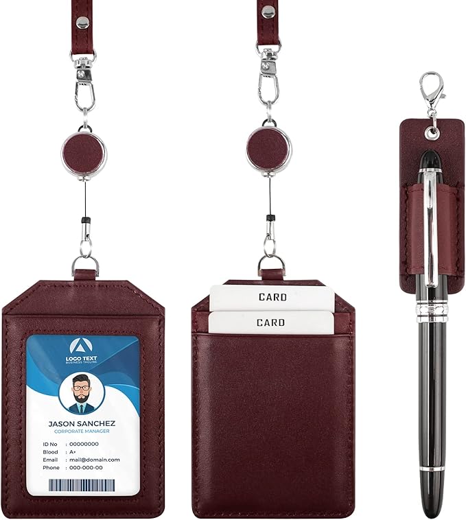 Office Badge Holder - Boshiho Genuine Leather Credit ID Card Holder with Stretch Neck Lanyard Vertical Style (Wine)