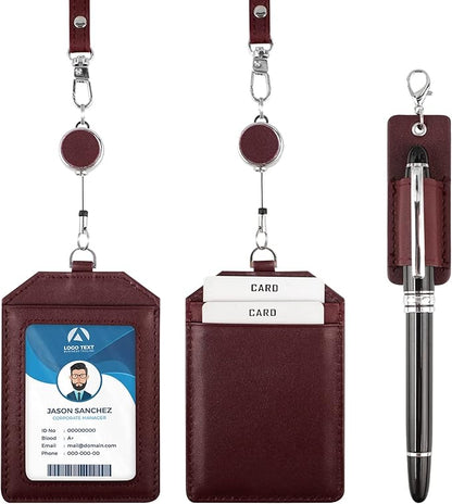 Office Badge Holder - Boshiho Genuine Leather Credit ID Card Holder with Stretch Neck Lanyard Vertical Style (Wine)