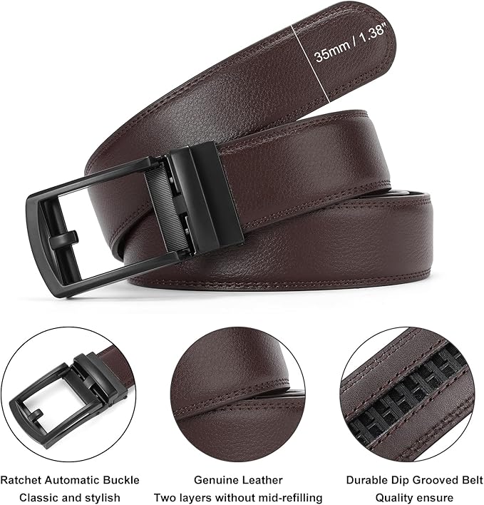 GAEKEAO Ratchet Belt for Men Genuine Leather 1 3/8" - Micro-Adjust Buckle Trim to Fit Dress Belt Casual to Formal Gift Boxed