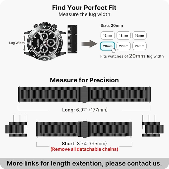 Fullmosa 20mm Stainless Steel Watch Band, Quick Release Metal Replacement Strap with Removable Links, Includes Spring Bars & Link Removal Tool for Men Women (Black)