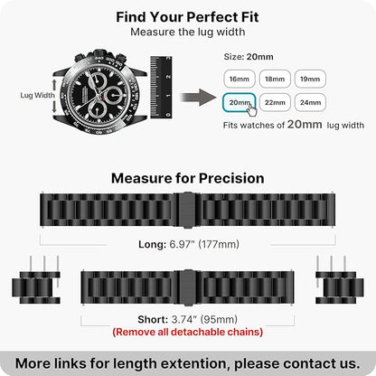 Fullmosa 20mm Stainless Steel Watch Band, Quick Release Metal Replacement Strap with Removable Links, Includes Spring Bars & Link Removal Tool for Men Women (Black)