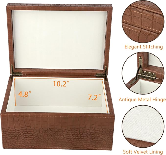 HofferRuffer Faux Leather Decorative Box, Large Wooden Structure Keepsake Box Accessory Organizer Jewelry Organizer with Hinged Lid, Storage Container for Home or Office (CrocoBrown)