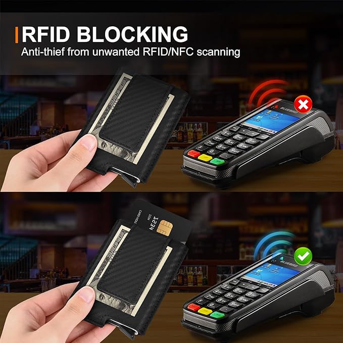Dinghao RFID Blocking Slim Money Clip Aluminum Wallet Minimalist Automatic Pop-up Card Case (carbon fiberblack)