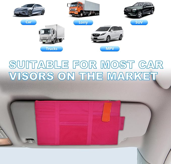 Car Sun Visor Organizer, Auto Interior Visor Storage Pouch Holder with Zipper, Multi-Pocket Net Personal Belonging Organizer, Universal Car Accessory for Cards, Documents (Rose Red)