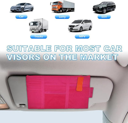 Car Sun Visor Organizer, Auto Interior Visor Storage Pouch Holder with Zipper, Multi-Pocket Net Personal Belonging Organizer, Universal Car Accessory for Cards, Documents (Rose Red)