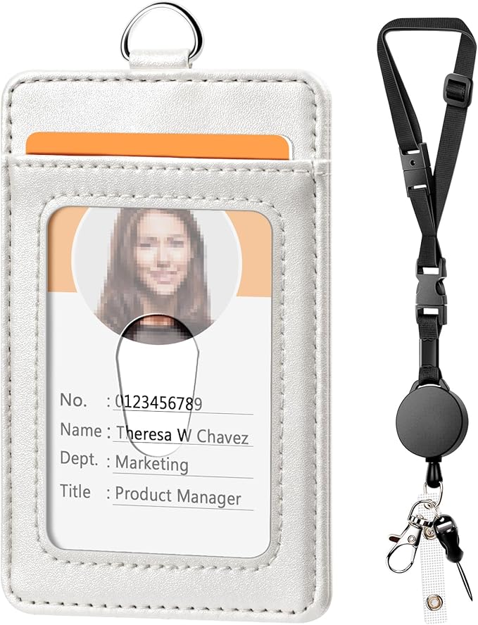 Leather Badge Holder and Adjustable Retractable Lanyards, Quick Release Buckle and Safety Breakaway Lanyards with Swivel Metal Clasp for Offices, Staff, Students, Employees