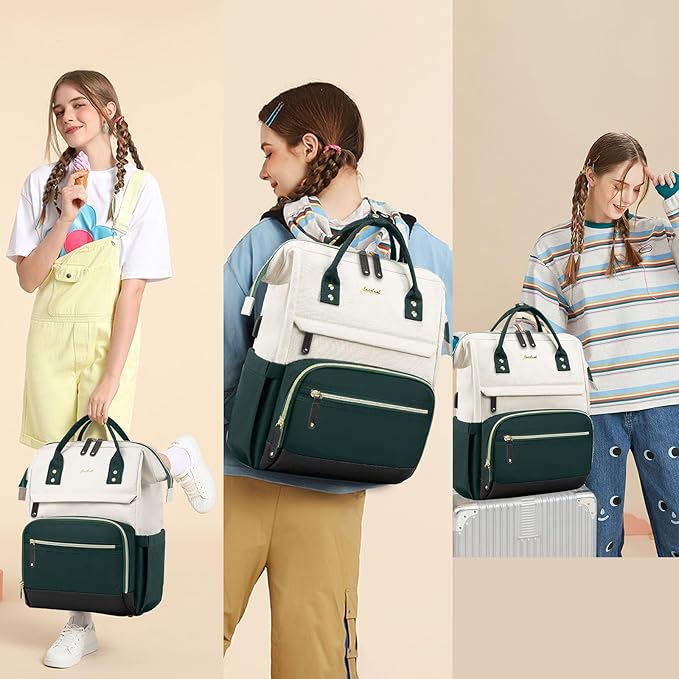 Laptop Backpack Women Work Bag: 15.6 inch Work Bookbag with USB Charging Port Large Travel Backpack Purse for College Nurse Casual Daypack for Teacher Professional Computer Backpack Beige Dark Green