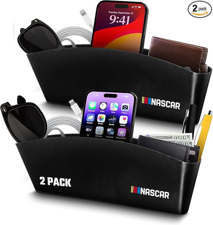 NASCAR Car Seat Gap Filler Organizer (2 Pack)| Universal Fit | Easy Install Car Console Organizer for Essentials, Seat and Console Gap Filler | Car Side Seat Gap Organizer w/Storage Pockets | Black