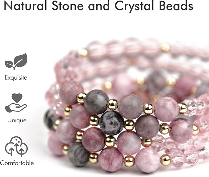 Azrra Lanyards for ID Badges and Keys, Natural Stone Beaded Teacher Lanyard with Bling ID Badge Holder and Pen Holder, Cute Retractable Badge Lanyard for Women (Pink)