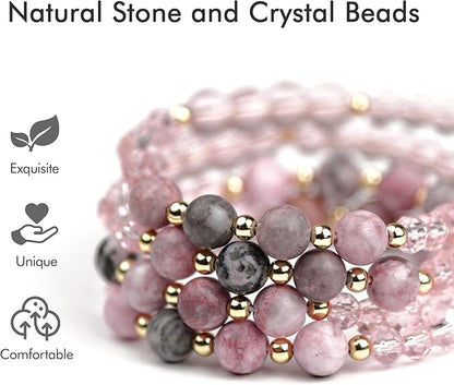 Azrra Lanyards for ID Badges and Keys, Natural Stone Beaded Teacher Lanyard with Bling ID Badge Holder and Pen Holder, Cute Retractable Badge Lanyard for Women (Pink)