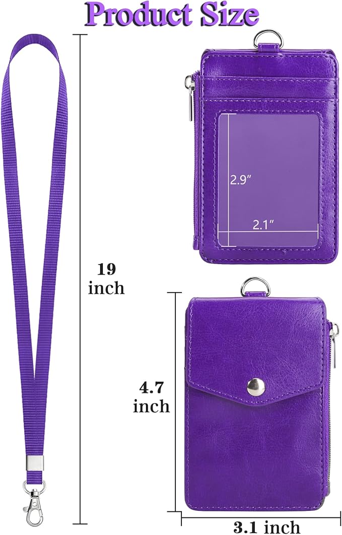Teskyer Badge Holder with Side Zip Pocket, Multiple Card Slots Leather ID Holder Wallet with Neck Lanyard for Office Staffs, Teachers/Students, Couriers, Workers, Purple