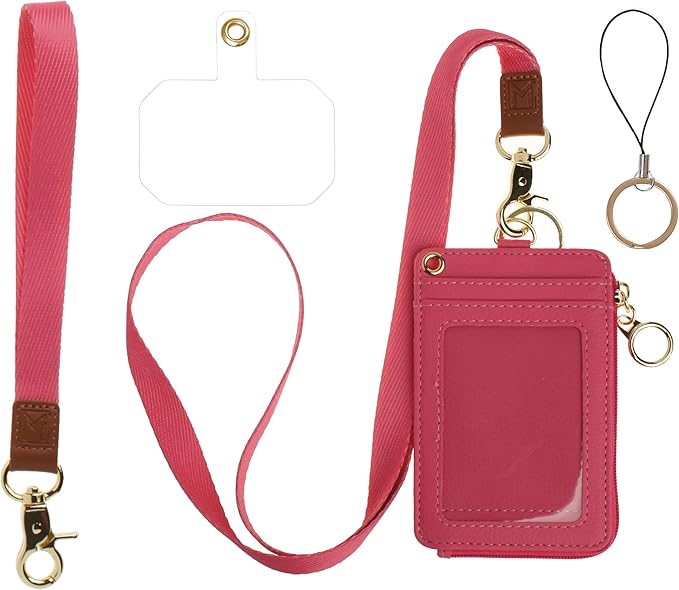 Mondo Designs 2-in-1 ID Badge Holder & Lanyard Wallet - Multi-Use Womens Small Wallet with Removable Wristlet & Neck Lanyard, Clear Window, 5 Card Slots, Phone Holder, Ring Keychain - Hot Pink