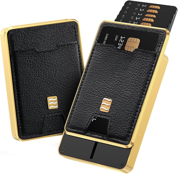 VENICE RFID Blocking Wallet, Minimalist Card Holder with Quick Access, Vegan Leather & Brushed Aluminum, Gift-Ready Packaging (Black & Gold)
