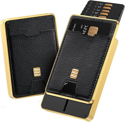 VENICE RFID Blocking Wallet, Minimalist Card Holder with Quick Access, Vegan Leather & Brushed Aluminum, Gift-Ready Packaging (Black & Gold)