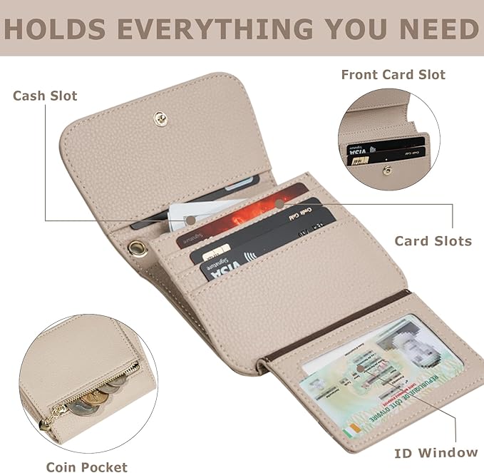 Women Small Wallet RFID Blocking Slim Wallet with Coin Pocket Tri-Fold Credit Card Holder with ID Window and Keychain (Khaki)