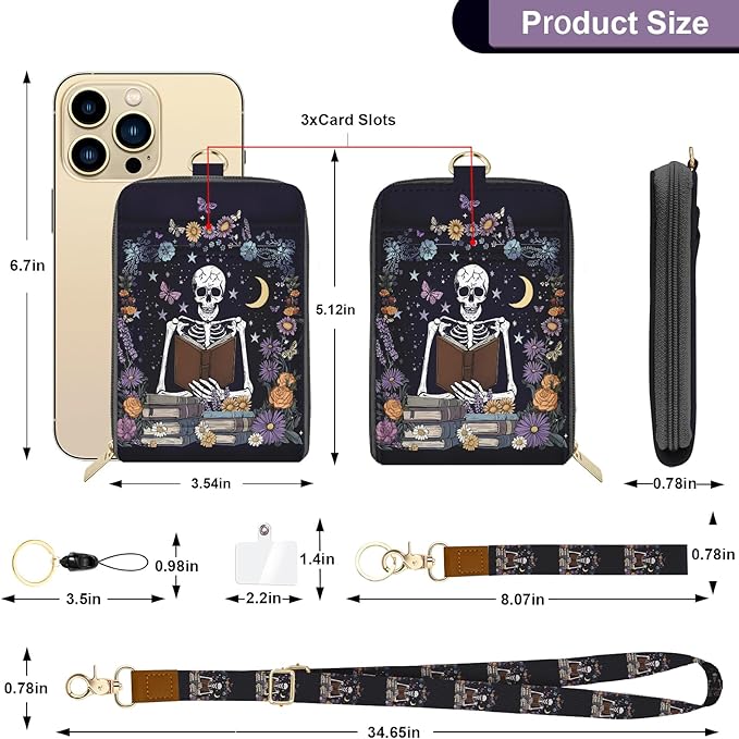 Skeleton Lanyard Wallet with ID Badge Holder PU Leather with 1 Zip Pocket and 3 Card Slots Keychain Phone Lanyard Wrist Strap, RFID Blocking, for Office School Business Security Staff