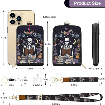 Skeleton Lanyard Wallet with ID Badge Holder PU Leather with 1 Zip Pocket and 3 Card Slots Keychain Phone Lanyard Wrist Strap, RFID Blocking, for Office School Business Security Staff