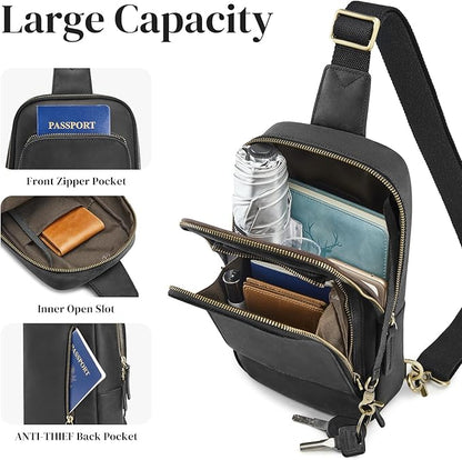 S-ZONE Sling Bag for Men Women RFID Blocking Top Grain Leather Crossbody Shoulder Bag Chest Hiking Daypack Travel
