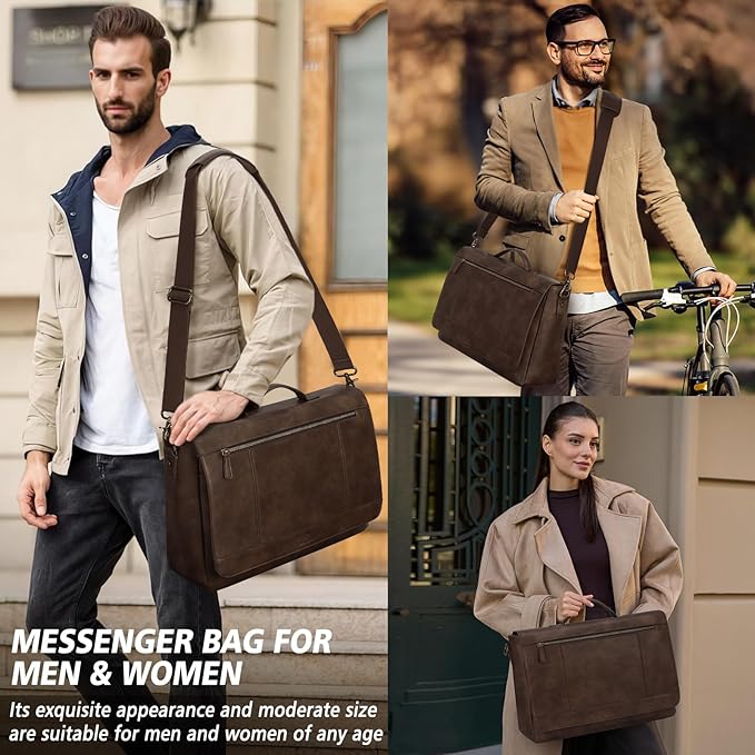 RAINSMORE Leather Messenger Bag for Men 15.6 Inch Laptop Bag Vintage Briefcase Large Computer Bag Satchel Shoulder Bag For College, Work, Business, Office, Dark Brown