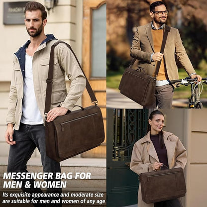 RAINSMORE Leather Messenger Bag for Men 15.6 Inch Laptop Bag Vintage Briefcase Large Computer Bag Satchel Shoulder Bag For College, Work, Business, Office, Dark Brown