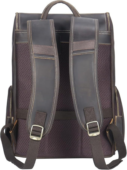 boshiho Genuine Leather Backpack for Men & Women, 13 Inch Laptop Backpack, Water-Resistant Business Travel Backpack, Premium Crazy Horse Leather Work Bag (Dark Brown)