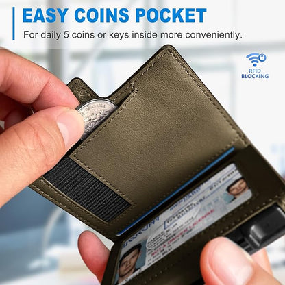 miyozi Wallet for Men, Magnetic Minimalist Slim Wallet with Pop Up Card Holder, 9 Cards RFID Blocking Metal Credit Card Case, Leather Wrapped Money Clip, ID Window & Small Item Slot, Gift Boxed