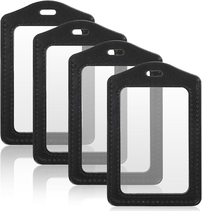 Yuanchu 4 Pcs Leather ID Badge Holders, Vertical Double-Sided Clear Card Holders Waterproof Name Badge Reel for Office Staff Employees ID Credit Cards(Black)