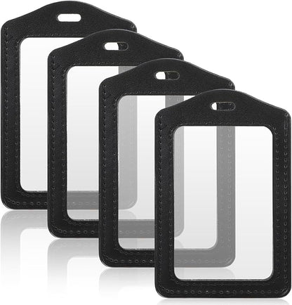 Yuanchu 4 Pcs Leather ID Badge Holders, Vertical Double-Sided Clear Card Holders Waterproof Name Badge Reel for Office Staff Employees ID Credit Cards(Black)