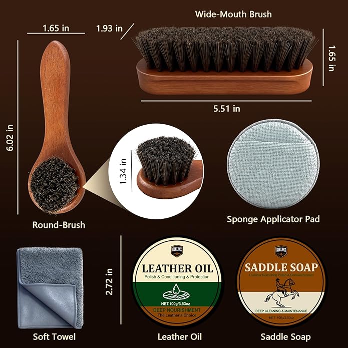 Leather Care Kit - Leather Polish, Cleaning & Conditioning Kit with 100g Saddle Soap & 100g Leather Oil, 2 Horsehair Brushes, Cloth, Sponge - Leather Boot Care Kit Gift for Men & Women