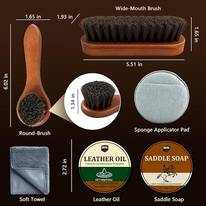 Leather Care Kit - Leather Polish, Cleaning & Conditioning Kit with 100g Saddle Soap & 100g Leather Oil, 2 Horsehair Brushes, Cloth, Sponge - Leather Boot Care Kit Gift for Men & Women