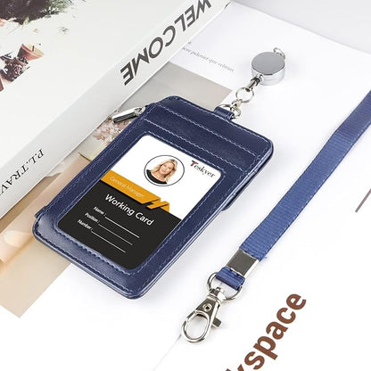 Teskyer Leather Badge Holder with Lanyard and Retractable Badge Reel, 4 Card Slots ID Card Holder with 1 Zipper Pocket for Office School Name Work IDs, Blue