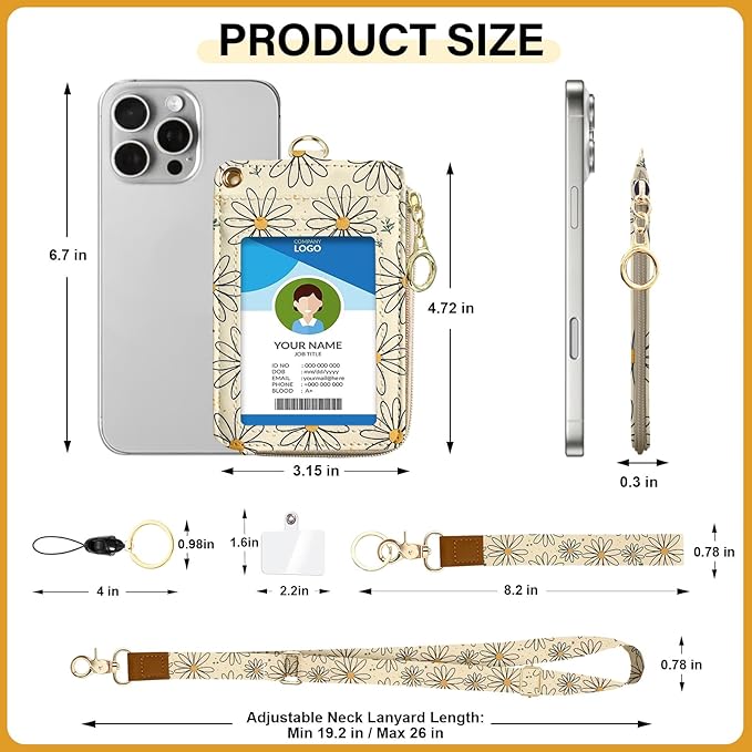 Flower Lanyard Wallet Women, Id Badge Holder with Neck & Wristlet Lanyard, Pu Leather Zipper Id Card Holder with Lanyard, Id Badge with RFID Keychain Wallet for Women Office Gifts