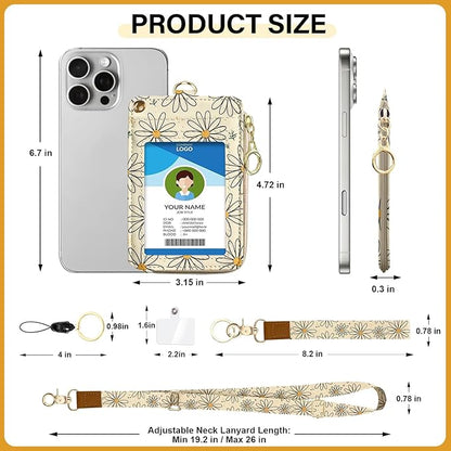 Flower Lanyard Wallet Women, Id Badge Holder with Neck & Wristlet Lanyard, Pu Leather Zipper Id Card Holder with Lanyard, Id Badge with RFID Keychain Wallet for Women Office Gifts