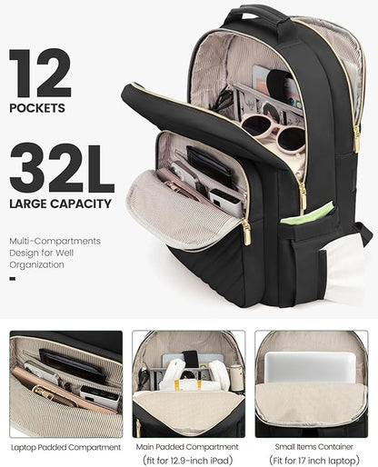 LOVEVOOK Laptop Backpack for Women, Travel Computer Work Bags with 17-inch Laptop Compartment, College School Student Bag Teen Backpacks For Girls, Hiking Outdoor Carry On Backpack Purse, Black