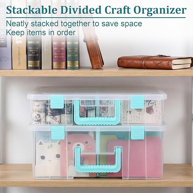 BTSKY Clear Plastic Dividing Storage Box with 8 Compartments Adjustable Storage Bin with Lid Portable Craft Storage Container Multipurpose Sewing Box Art Supply Organizer, 15.1x13.9x3.5 Inches