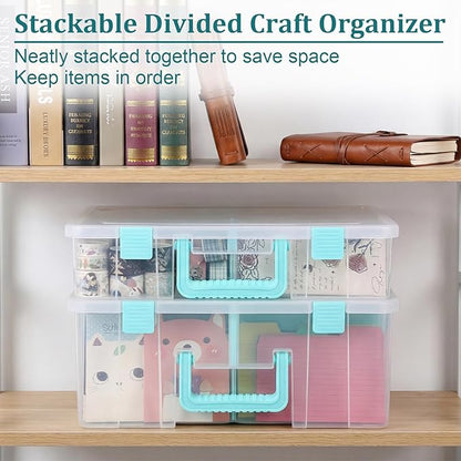 BTSKY Clear Plastic Dividing Storage Box with 8 Compartments Adjustable Storage Bin with Lid Portable Craft Storage Container Multipurpose Sewing Box Art Supply Organizer, 15.1x13.9x3.5 Inches