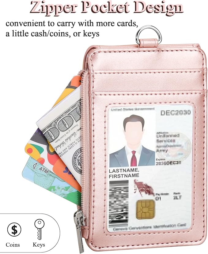 Teskyer Badge Holder with Side Zip Pocket, Multiple Card Slots Leather ID Holder Wallet with Neck Lanyard for Office Staffs, Teachers/Students, Couriers, Workers, Rose Gold