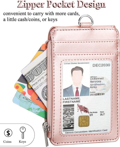 Teskyer Badge Holder with Side Zip Pocket, Multiple Card Slots Leather ID Holder Wallet with Neck Lanyard for Office Staffs, Teachers/Students, Couriers, Workers, Rose Gold